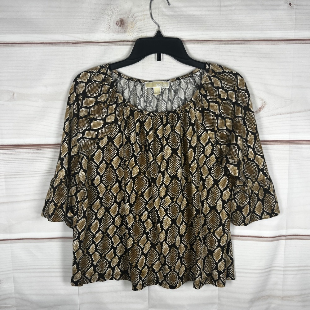 Michael Kors Bell‎ Sleeve Top Womens L Brown Snakeskin Print Scoop Neck Blouse